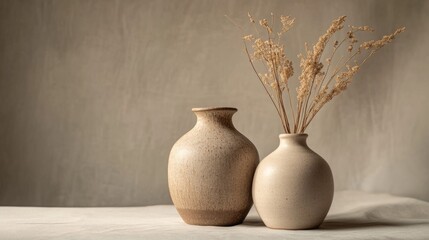 Two ceramic vases containing dried plants against a textured wall