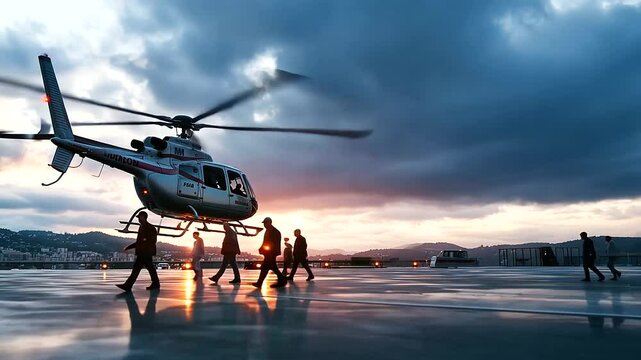 Medical helicopter landing on hospital rooftop during storm