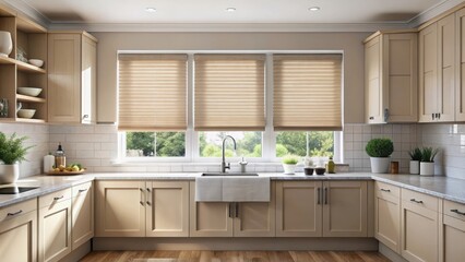 Fototapeta premium Elegant beige roller blind and shutter combo on a stylish modern kitchen window, roller shades, beige blinds