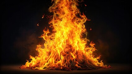 Fototapeta premium A towering inferno with blazing orange and yellow flames dancing atop a dark, mysterious black background, casting an ominous glow on the surrounding area , intense colors, black background