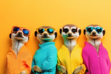 Fototapeta premium Birthday invitation banner with playful meerkats in fashionable outfits, perfect for a wild celebration