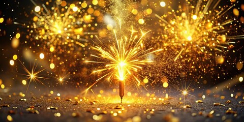 Close-up of a firecracker explosion with golden confetti, glittering confetti