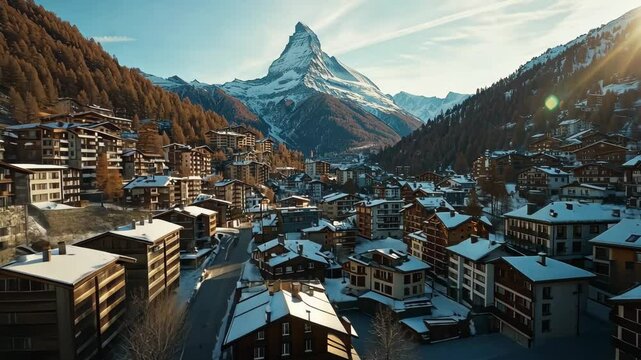 Breathtaking Winter Landscape of Zermatt Surrounded by Majestic Mountains and Cozy Chalets
