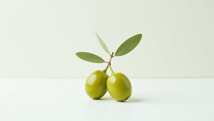 green olives sit alone surrounded plain white surface beneath olive branch two
