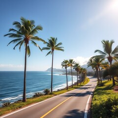 Fototapeta premium Palm-lined Coastal Road Meets Ocean Horizon