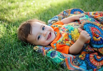 Happy, smiling baby boy lying on the grass in summer, wearing colorful and a blanket.