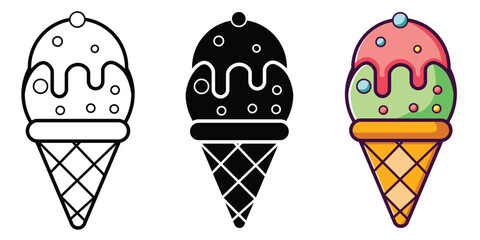 Ice Cream Cone Icons - Outline, Solid, and Colored Vector Set