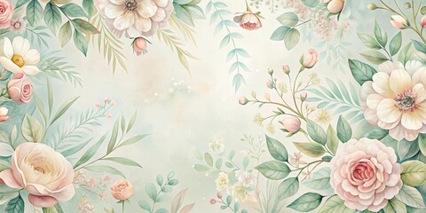 Delicate floral pattern with soft pastel hues and subtle texture , flowers, leaves,  flowers, leaves, botanical, stems