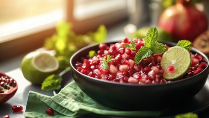 Pomegranate salsa in a bowl, garnished with mint and lime slices, served on a napkin.