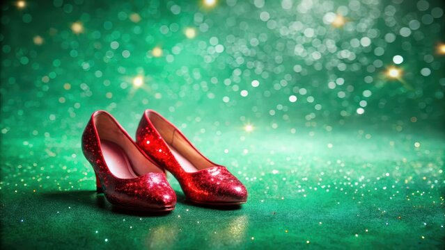 Emerald green background with bright red and sparkling silver ruby slippers in a whimsical pose , Footwear