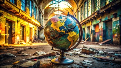 Mockup globe, exploring ruins, moody cityscape.