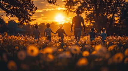 A group of four children interact with an adult man on a grassy field, basking in warm sunlight.