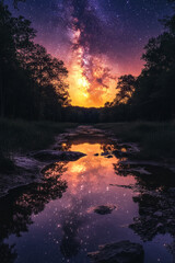 Reflections of a celestial river, mirroring the radiant cosmic expanse above