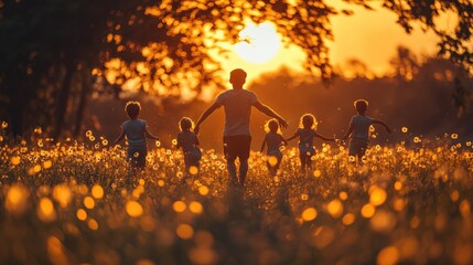 A group of four children interact with an adult man on a grassy field, basking in warm sunlight.