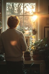 A woman gazes out of a window at the warm sunlight