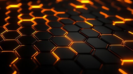 Fototapeta premium 3D rendering of glowing orange neon light waves on a black background with a hexagonal grid texture for a technology