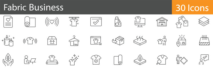 Fabric Business includes outline vector icons illustrating textile industry, fabric production, garment trade, and clothing manufacturing. Editable stroke vector illustration.