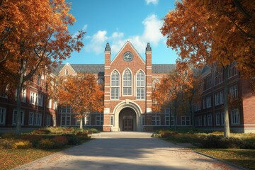 A large brick building with a clock tower, suitable for architecture or cityscape images