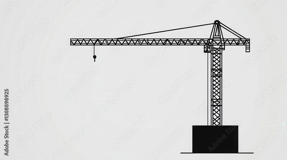 Poster minimalist construction logo featuring a silhouette of a tower crane lifting a block in a modern des