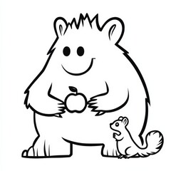cartoon outline, Fluffy monster and a tiny squirrel sharing a magical apple