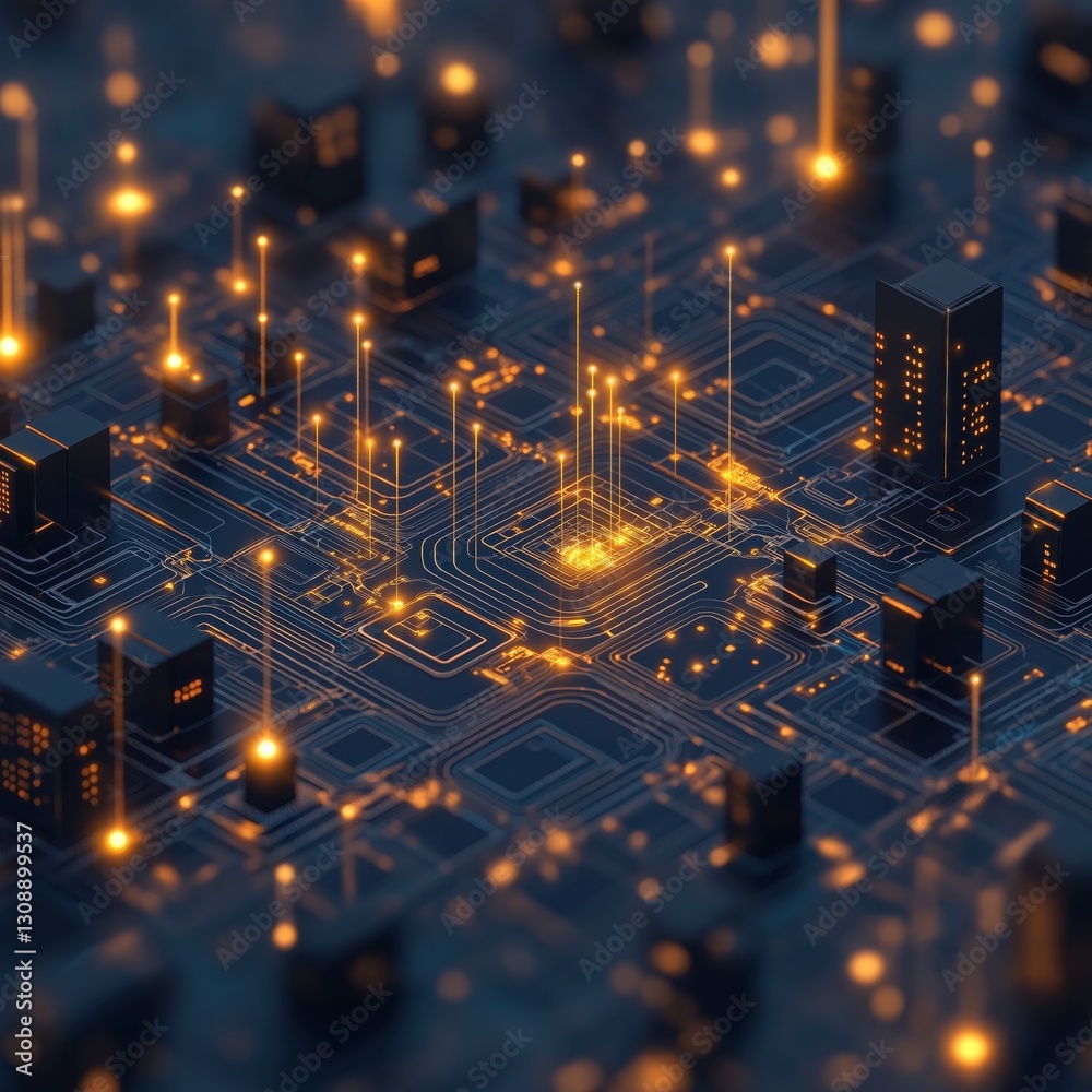 Poster a computer chip with a cityscape on it