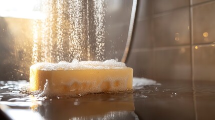 Soap bar melting under running water in shower, bright artificial light, warm earthy tones, steam rising, and simple modern environment, eye-level perspective.