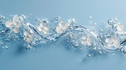 A serene composition of flowing water intertwined with delicate white flowers, creating an elegant and refreshing aesthetic.