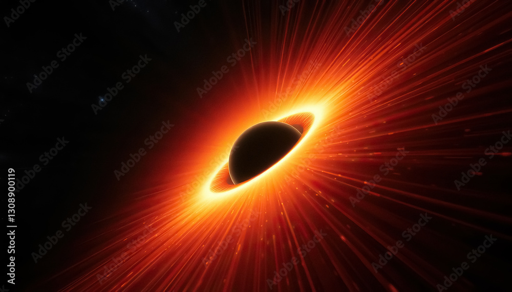 Poster simulated of black hole with bright ring of light around in cosmic setting