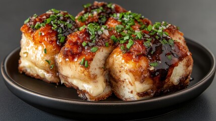 A plate of food with four pieces of food on it