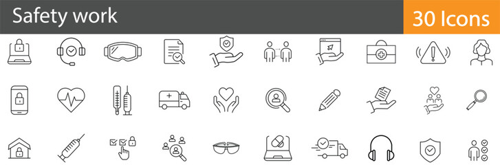 Safety Work Line Icons Set. Collection of 30 outline icons representing workplace safety, protection, hazard prevention, equipment, and security. Editable stroke . vector illustration.