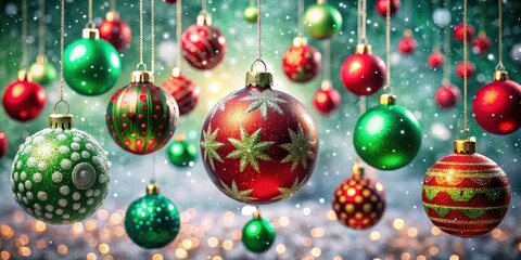 Fototapeta premium Vibrant Christmas decorations in the shape of a ball hanging from the ceiling with red and green ornaments, Red And Green Ornaments, Winter Wonderland