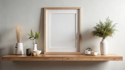 A large empty frame with a minimalist white background, placed on a wooden shelf or mantelpiece in a modern living room, with some decorative items nearby , interior decor, minimalist