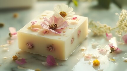Soap bar with embedded flowers on vanity counter, diffused daylight, soft pastel colors, scattered petals, and delicate feminine feel, eye-level shot.