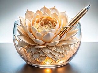 Futuristic pen holder, cracked glass, beige, 3D design, night view.