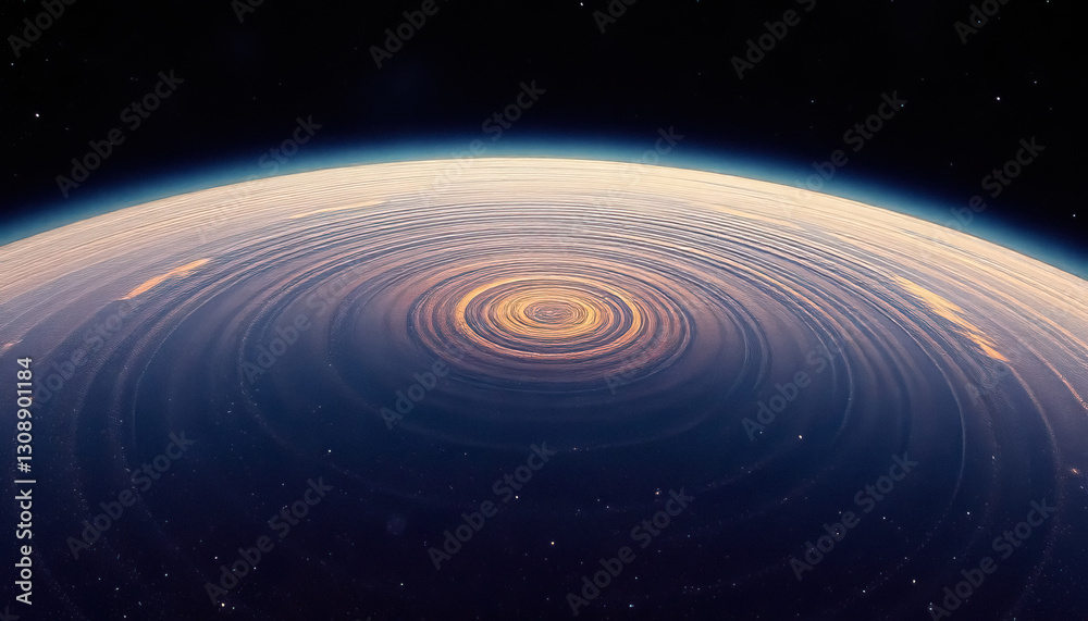 Poster breathtaking cosmic view of ringed planet with layered atmospheric bands and distant stars in space
