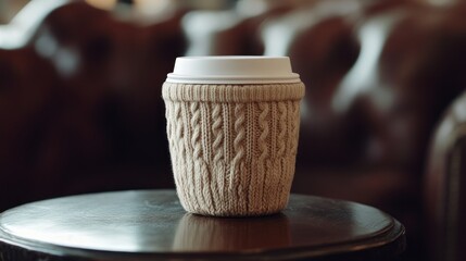 Obraz premium Knitted coffee cup on a table in a cafe