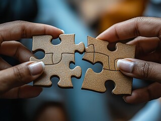 Hands Joining Puzzle Pieces Close-Up