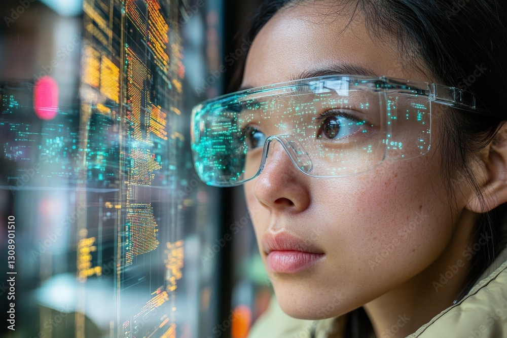 Poster young woman observes digital data while wearing augmented reality glasses in a high-tech environment