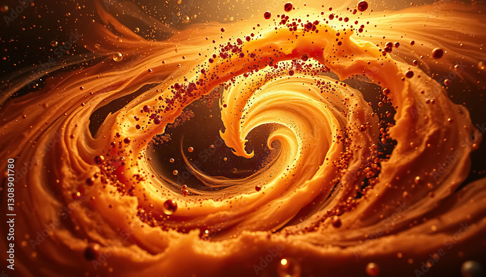 Poster swirling vortex of orange and brown liquid with scattered droplets dynamic and abstract scene