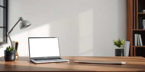Fototapeta premium Empty Home Office Laptop, White Screen on Wooden Desk