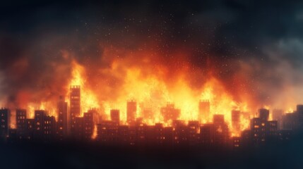A city is on fire with a dark sky in the background