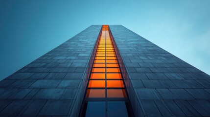 A high-rise building with a clear blue sky and no clouds in sight