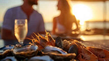Close-up of a luxurious seafood platter with oysters, prawns, and mussels on the beach at sunset.