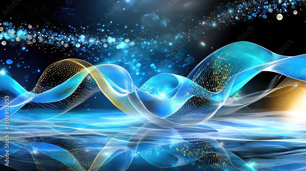 Poster virtual data transfer representation with smooth blue waves and digital nodes in motion.