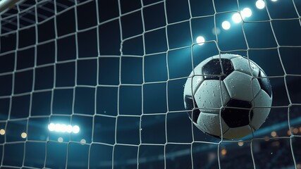 Naklejka premium Dramatic Night Soccer Goal - Wet Ball in Net