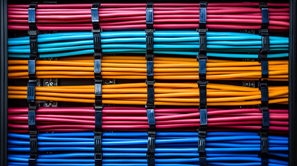 Organized Arrangement of Colorful Electrical Cables in a Structured Grid Panel