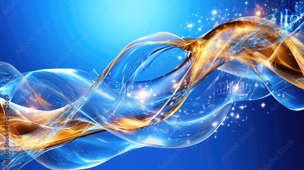 Poster virtual data transfer representation with smooth blue waves and digital nodes in motion.