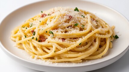 A plate of pasta with cheese and herbs