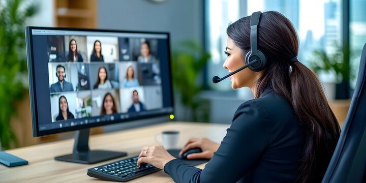 Confident indian woman communicating with colleagues on video call office setting professional environment close-up view