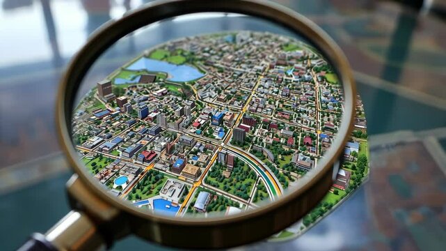 Exploring a detailed miniature city map under a magnifying glass indoors at a modern setting
